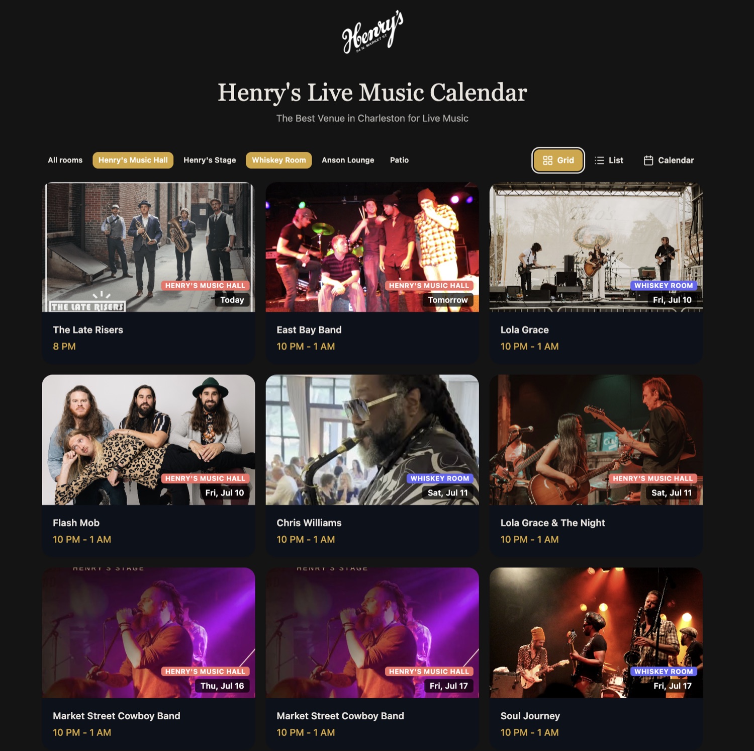 Public venue calendar in grid view — photo-first show cards color-coded by room, with room filters and grid/list/calendar view controls