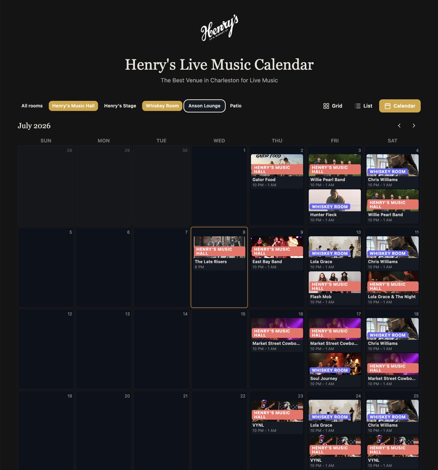 Public venue calendar in month view — a full month grid with per-day photo thumbnails and color-coded room badges